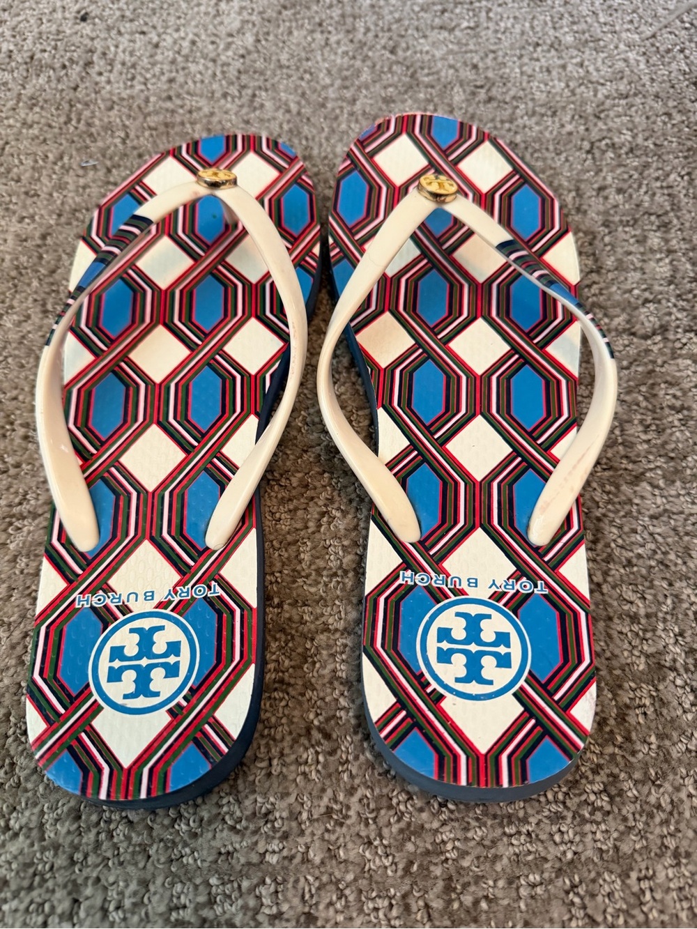 Tory Burch White Strap Flip Flops with Blue and Red Geometric Print - Picture 4 of 6